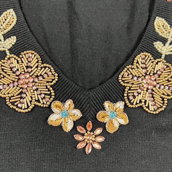 Boston Proper Black Beaded Embroidered Floral V Neck Sweater XS So Soft! - Picture 3 of 14